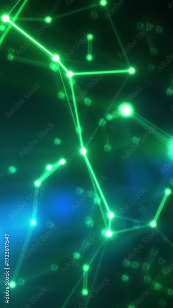 Fototapeta premium Glowing neon green network of connected nodes and lines forming a dynamic digital grid in dark space