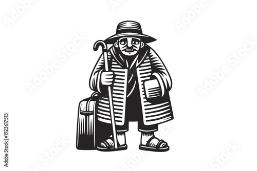 Monochrome woodcut depicts an old man in a striped coat with suitcase and walking stick