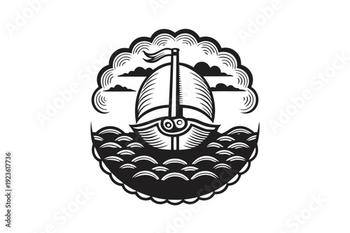 Monochrome Viking longboat sails on rough seas beneath cloudy skies in an artistic emblem