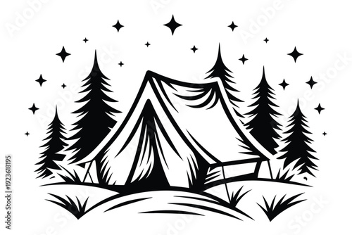 Night forest with tent and pine trees silhouette creates a simple outdoor adventure