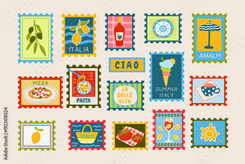 Italian Vacation Set of Summer Stamps. Hand-drawn vector illustration