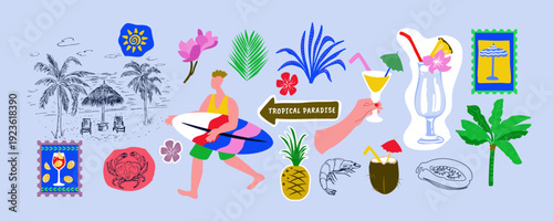Sea vacation on tropical islands. Set of vector illustrations in mixed styles. Sketches, stickers, and flat illustrations.