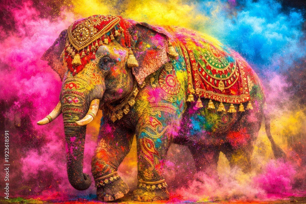 Obraz premium A decorated elephant walks through clouds of colorful powders during the Holi festival in India