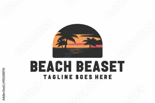 Palm trees frame a serene sunset landscape featuring mountains and calm water within the design