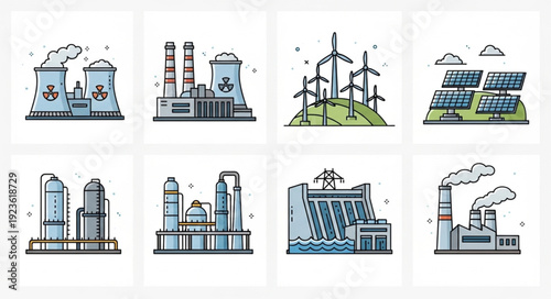 Various illustrations of power plants and renewable energy sources for electricity generation.