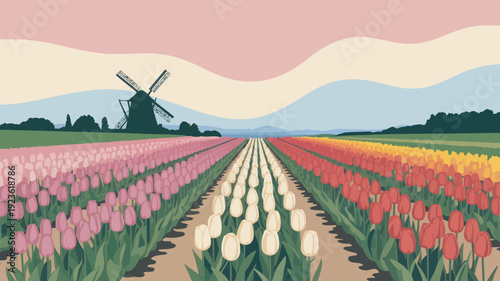 A vibrant tulip field with a windmill in the background under a colorful sky