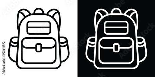 Minimalist backpack line icons in black and white styles. Modern school bag symbols for UI/UX design, travel apps, or education websites. Set of linear vector illustrations on split background.
