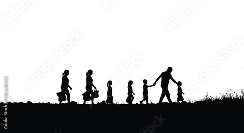 Family group silhouette icons, people walking carrying baskets vector illustration, migration community journey design set, everyday activity flat vector