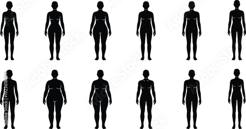 Female body types silhouette set, diverse women figures front view isolated on white background anatomy illustration collection