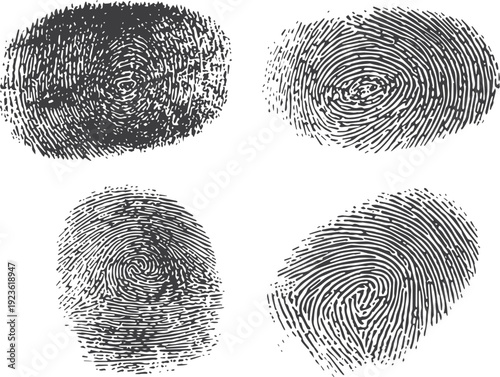 Four dark grey fingerprint patterns on white background