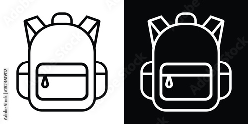 Minimalist backpack line icons in black and white styles. Modern school bag symbols for UI/UX design, travel apps, or education websites. Set of linear vector illustrations on split background.
