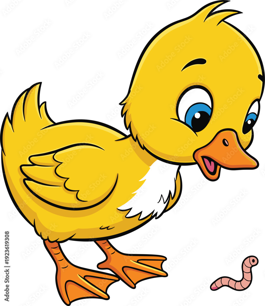 Fototapeta premium Cute yellow duckling looking at little worm cartoon vector illustration isolated on white background playful farm animal character design