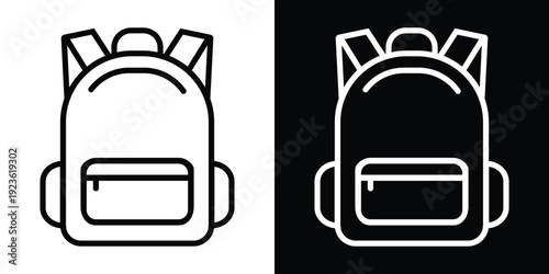 Minimalist backpack line icons in black and white styles. Modern school bag symbols for UI/UX design, travel apps, or education websites. Set of linear vector illustrations on split background.