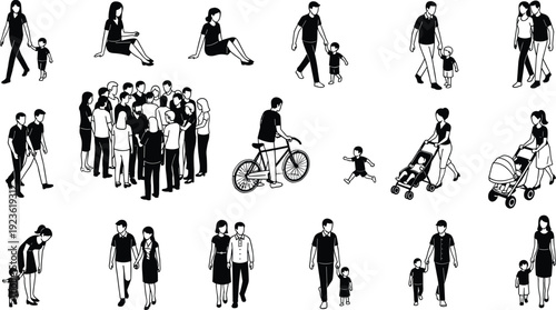 Family people silhouette icons, walking sitting cycling stroller vector illustration, social interaction design set, everyday activity flat vector