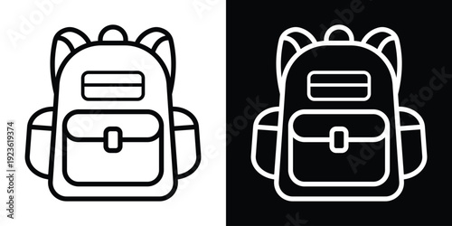 Minimalist backpack line icons in black and white styles. Modern school bag symbols for UI/UX design, travel apps, or education websites. Set of linear vector illustrations on split background.