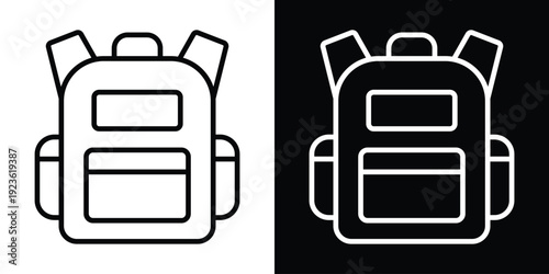 Minimalist backpack line icons in black and white styles. Modern school bag symbols for UI/UX design, travel apps, or education websites. Set of linear vector illustrations on split background.