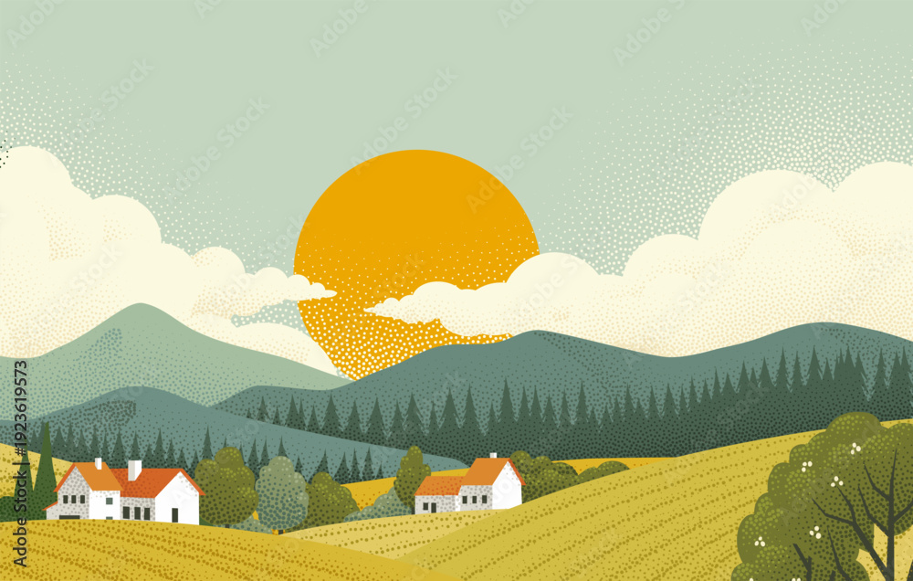 Obraz premium Fields rolling hills and mountains farm landscape background illustration with countryside mountains, sunrise sun, clouds and trees. Original rural background drawing in vintage pointillism dot style