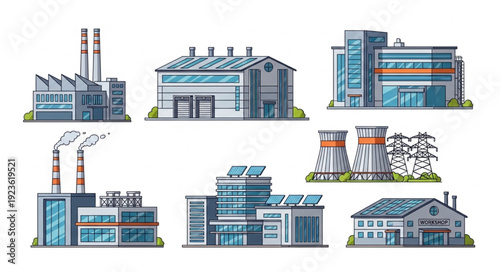 Various industrial buildings and factories with chimneys and solar panels, modern architecture.