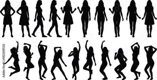 Woman silhouette collection, female standing walking and dancing poses isolated on white background fashion lifestyle illustration set