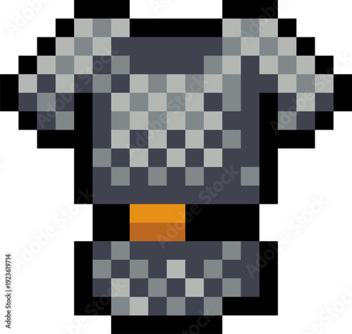 Pixel art chain mail armor icon in retro 8 bit style. Fantasy video game item with metal rings and tunic design. RPG asset for UI, inventory systems and medieval video game use.