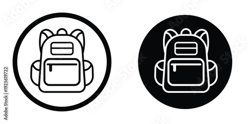 Round backpack badge icons in solid and outline versions. Circular school bag sign for navigation menus, mobile apps, and UI design. Black and white vector set of travel bag symbols.