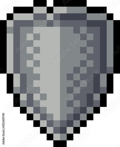 Pixel art steel shield icon in retro 8 bit style. Fantasy video game armor item design. RPG asset for UI, inventory systems and medieval video game use.