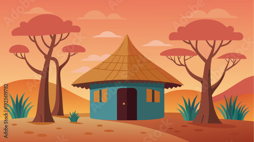 African village landscape with traditional round hut, savanna trees and warm sunset sky in flat vector style illustration