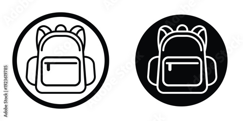 Round backpack badge icons in solid and outline versions. Circular school bag sign for navigation menus, mobile apps, and UI design. Black and white vector set of travel bag symbols.