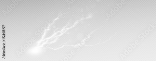 Realistic lightning flash effect, thunderstorm and lightning. Shining white lightning isolated on transparent background, natural phenomenon png.	
