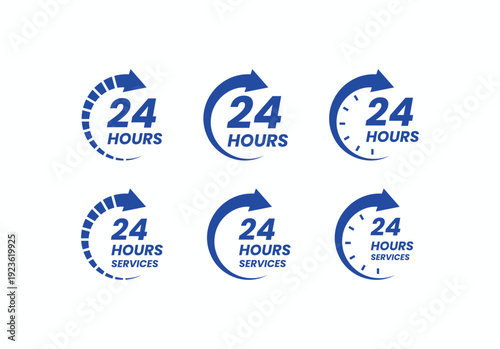 Blue 24 hours service icon set with arrow and clock elements for around the clock customer support. Blue 24 hours service icon set with arrow and clock elements for round the clock business support