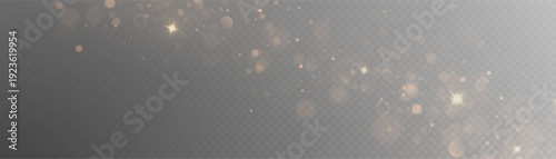 Christmas glowing bokeh confetti light and glitter texture overlay for your design. Festive sparkling gold dust png. Holiday powder dust for cards, invitations, banners, advertising.