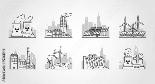 Various industrial buildings and energy sources in a sketch style illustration.