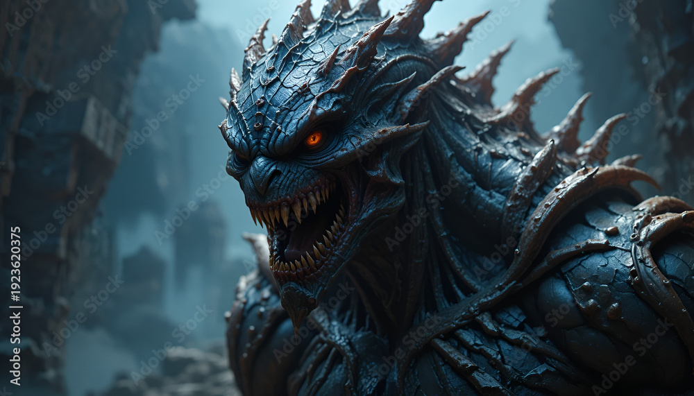 Obraz premium A close-up of a monstrous creature with sharp teeth and spikes