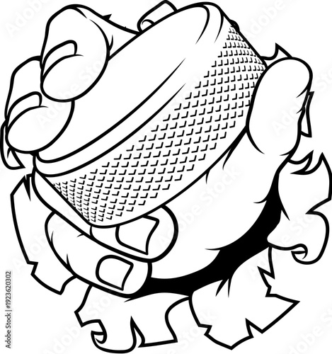 A hand holding an ice hockey puck cartoon design