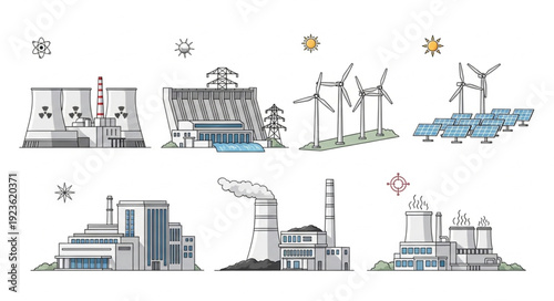 Various illustrations of power plants and renewable energy sources for sustainable future.