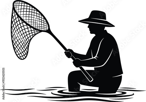 Fisherman catching fish with landing net silhouette river water outdoor hobby cad drawing flat vector illustration isolated fishing activity scene
