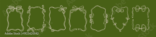 Whimsical retro frames with doodle ribbon bows in French style set. Elegant c...