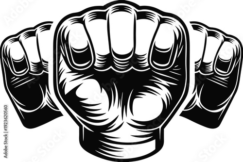 Raised fist emblem with spiky halo evokes strength and solidarity in bold black silhouette