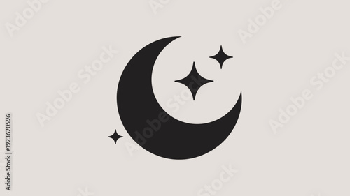 A minimalist black crescent moon is accompanied by two sparkling stars on a simple light beige background.