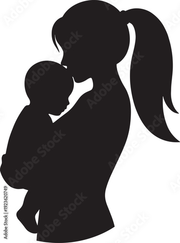 Black silhouette of a mother holding and kissing her baby, motherhood and parental love concept, flat vector illustration, isolated.