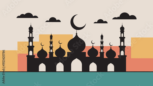 A dark silhouette of a mosque with multiple minarets and domes stands against a colorful sky with a crescent moon and clouds.
