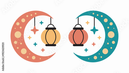 Two stylized crescent moons, one red and one teal, each feature a hanging lantern and sparkling stars, representing Islamic festive decorations.