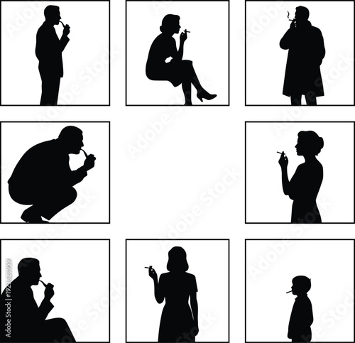 Black silhouettes of diverse people smoking pipes and cigarettes in various poses and profiles, minimalist flat vector illustration isolated on white.