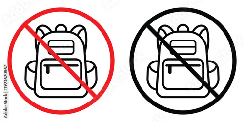 No backpacks prohibited sign with red and black strikeout. Universal restriction symbol for safety, security zones, or school rules. Vector illustration of forbidden bag icon in a circle.
