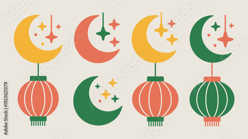 A vibrant collection of crescent moons, lanterns, and stars in multiple colors are arranged in a charming, repetitive pattern on a light background.