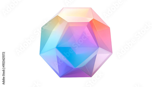 A faceted, gem-like polygon with a gradient of pastel colors on a black background