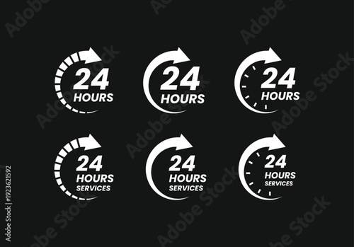 White 24 hours service icon set on black background for round-the-clock business delivery and customer support
