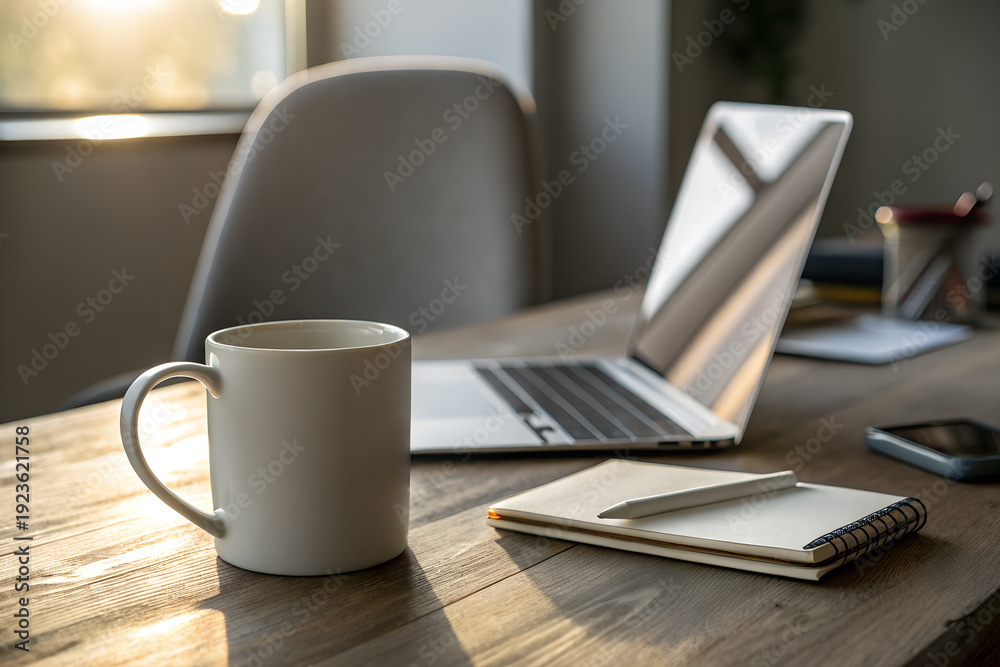 Fototapeta premium Blank coffee mug mockup on modern workspace desk with laptop and notebook. Professional branding scene with natural light and copy space for logo or print design.