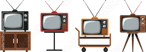 Vintage television set collection, retro TV icons with antenna, old media technology illustration isolated on white background