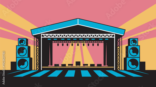 A colorful illustration of a concert stage with speakers and bright lights